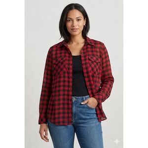 Chaps Women's Sheer Plaid Button Up Shirt Red Black Large Chiffon-Feel Casual